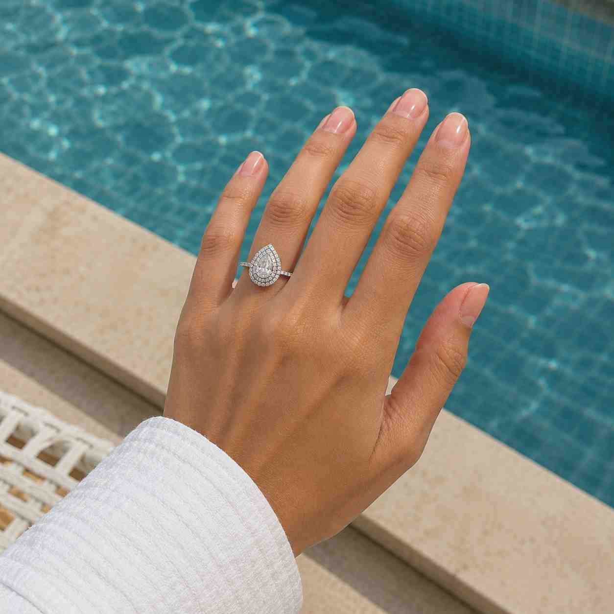1.20 ct pear cut moissanite double halo engagement ring, pear cut moissanite 925 silver ring, perfect art deco bridal ring in 14k white gold