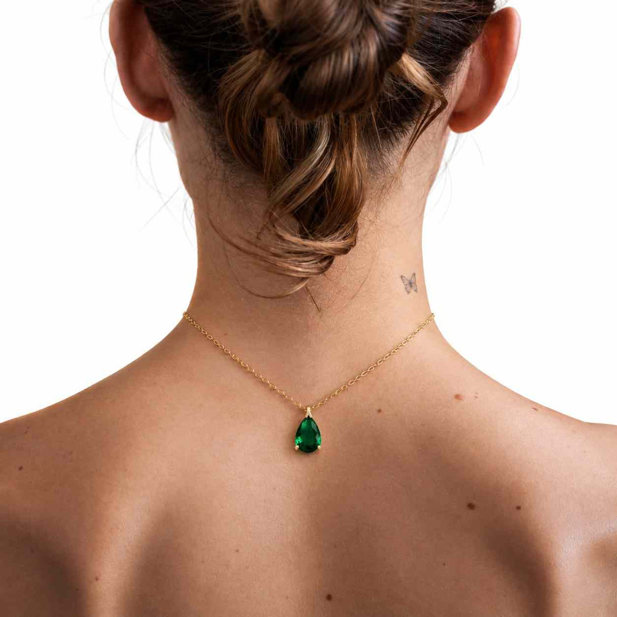 1.20 Carat Gold Natural Medium Rich Green Emerald Pear Bezel Slider Necklace, May Birthstone Necklace, Yellow Gold Emerald Pear Pendant 14K
