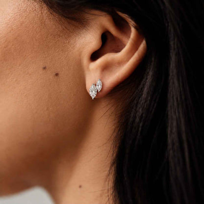 1.20 Carat Round & Marquise Cut Lab Grown Diamond Stud Earrings, Double Row Climber Earrings, 14k Gold Wedding Earrings, Anniversary Gift
