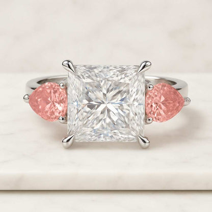 Pear Cut Moissanite Engagement Ring Unique Three Stone Promise Ring Bridal Birthstone Statement Gift Ring 14k Solid Gold Minimalist Ring