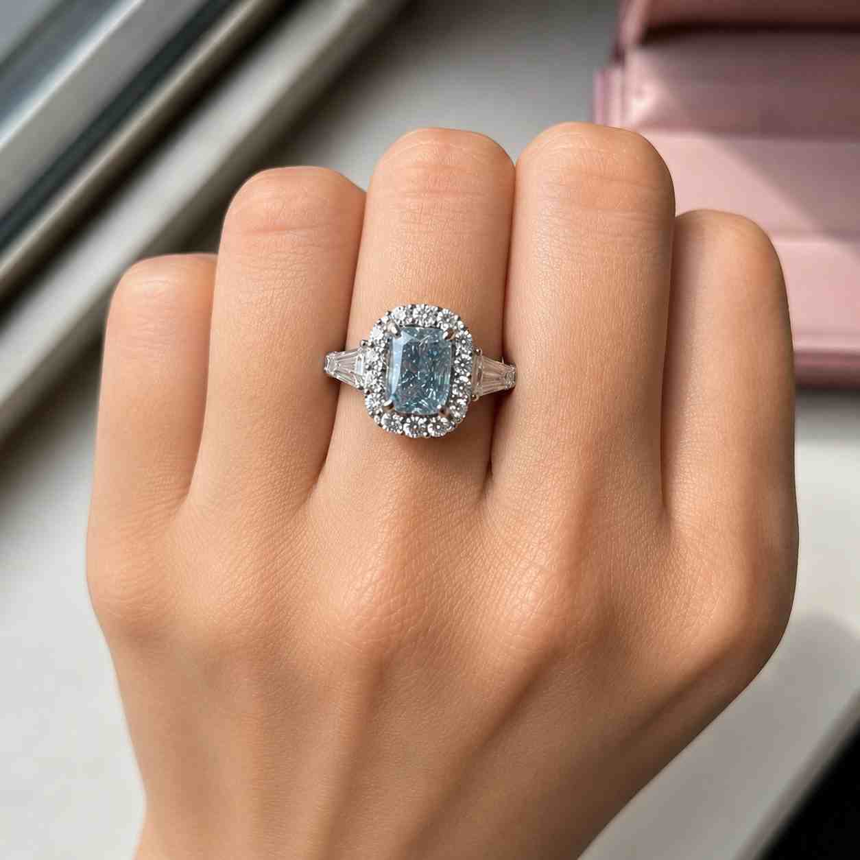 1.4 ctw radiant cut lab grown diamond halo engagement ring with split shank pave band d vvs2 igi certified diamond promise ring
