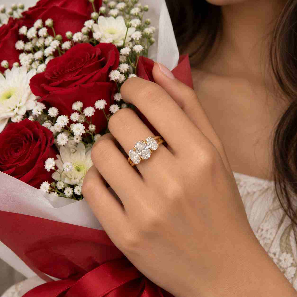 1.50 CTW Oval Lab Grown Diamond Three Stone Engagement Ring, 14K Solid Gold Trilogy Ring, Pear Side Stones Dainty Anniversary Wedding Band
