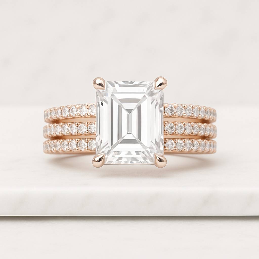 1.50 CT Emerald Cut Lab Grown Diamond Engagement Ring Set Solid Yellow Gold Band Simple Solitaire Bridal Set Wedding Ring Set Matching Band