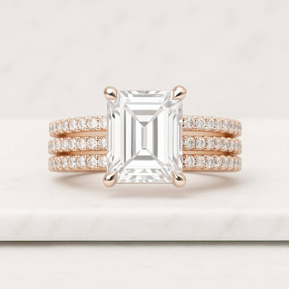 1.50 CT Emerald Cut Lab Grown Diamond Engagement Ring Set Solid Yellow Gold Band Simple Solitaire Bridal Set Wedding Ring Set Matching Band