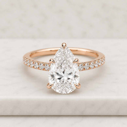 1.50 Carat Pear Cut Lab Grown Diamond Engagement Ring • Hidden Halo Pave Band
