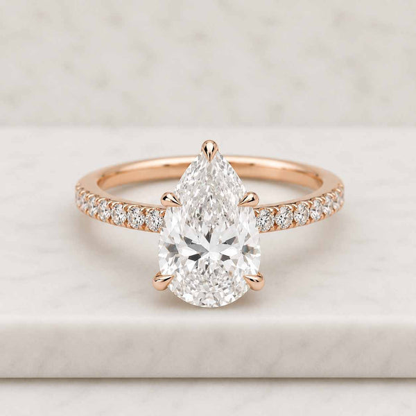 1.50 Carat Pear Cut Lab Grown Diamond Engagement Ring • Hidden Halo Pave Band
