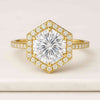 Hexagon Shape Round Cut Moissanite Halo Ring with Half Eternity Pave Set