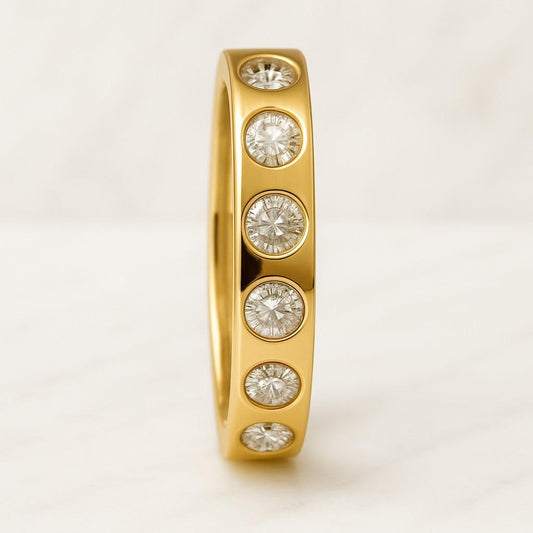 1.50 Ct Moissanite Engagement Ring, Round Cut Distance Pave Diamond Wedding Band