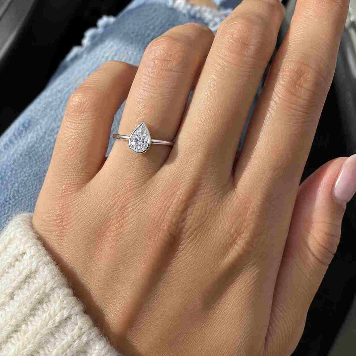 1.50 Ctw Pear Shape Bezel Set Lab Grown Diamond Engagement Ring in 14k and 18K Gold, Modern Engagement Ring, Marina