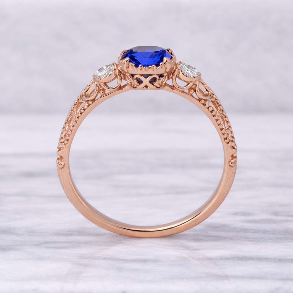 Round London Blue Topaz, Art Deco Leaf Gold Ring With Moissanite
