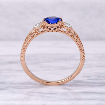 Round London Blue Topaz, Art Deco Leaf Gold Ring With Moissanite
