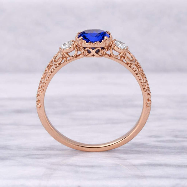 Round London Blue Topaz, Art Deco Leaf Gold Ring With Moissanite
