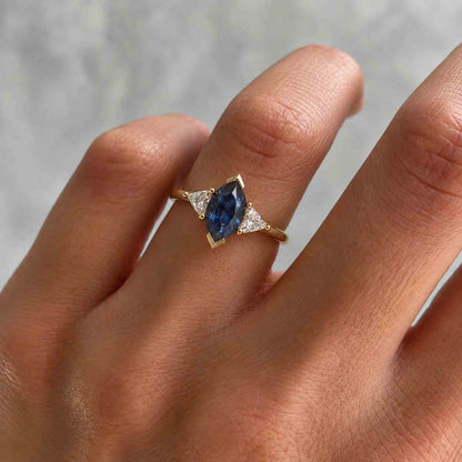 1.5 Carat Marquise Royal Blue Sapphire Engagement Ring: Diamond Yellow Gold Band
