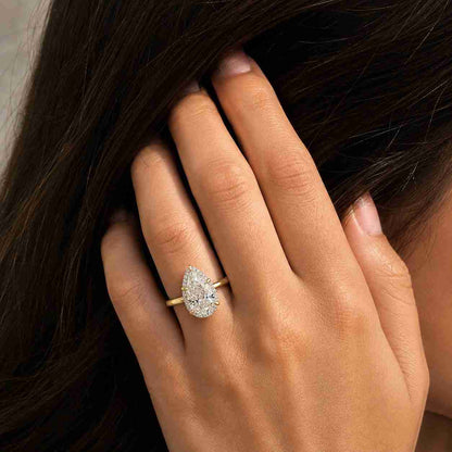 1.5 Carat Pear Cut Lab Grown Diamond Engagement Ring • Hidden Halo Pave Band