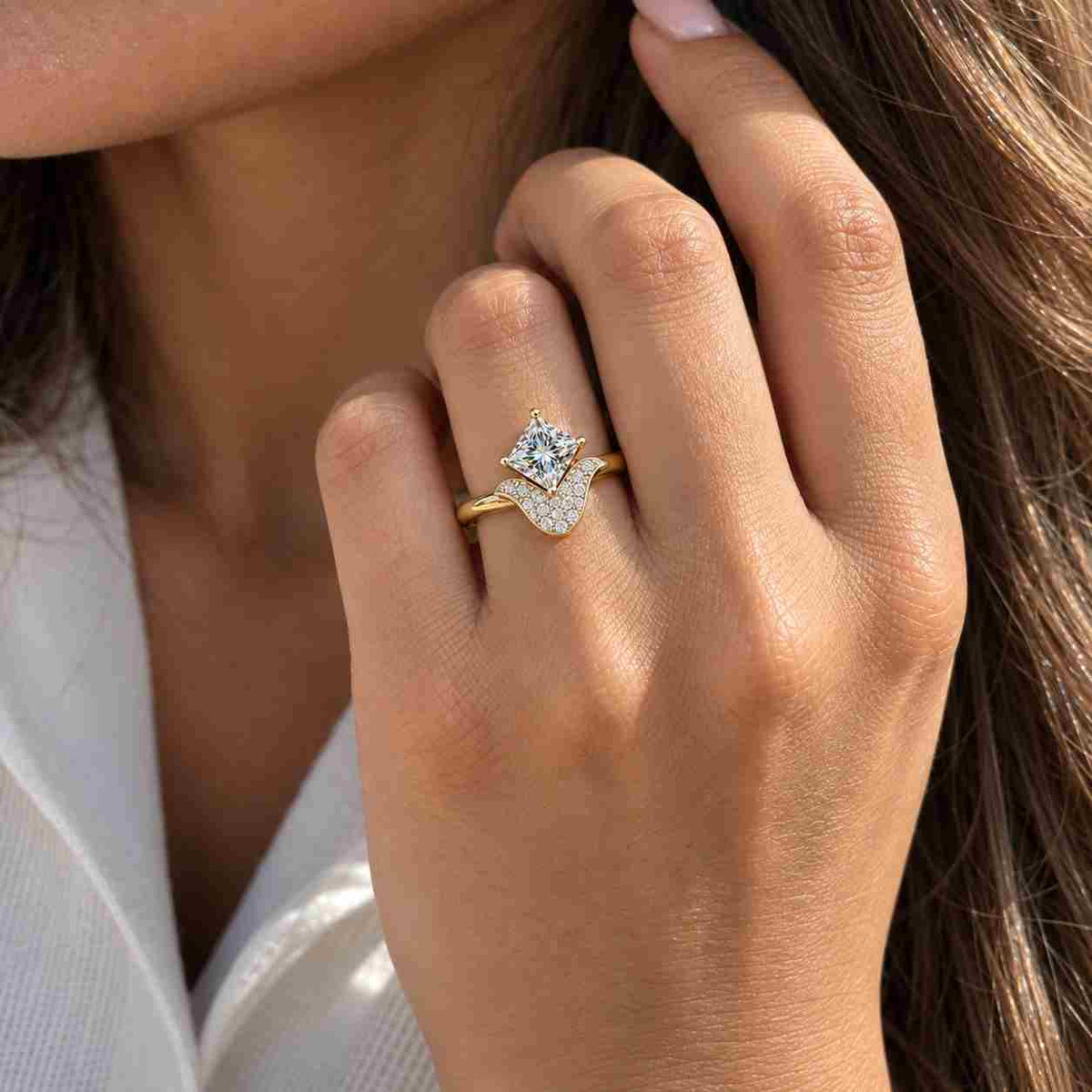 14k gold lab grown diamond engagement ring, igi certified princess cut three stone diamond ring, wedding jewelry