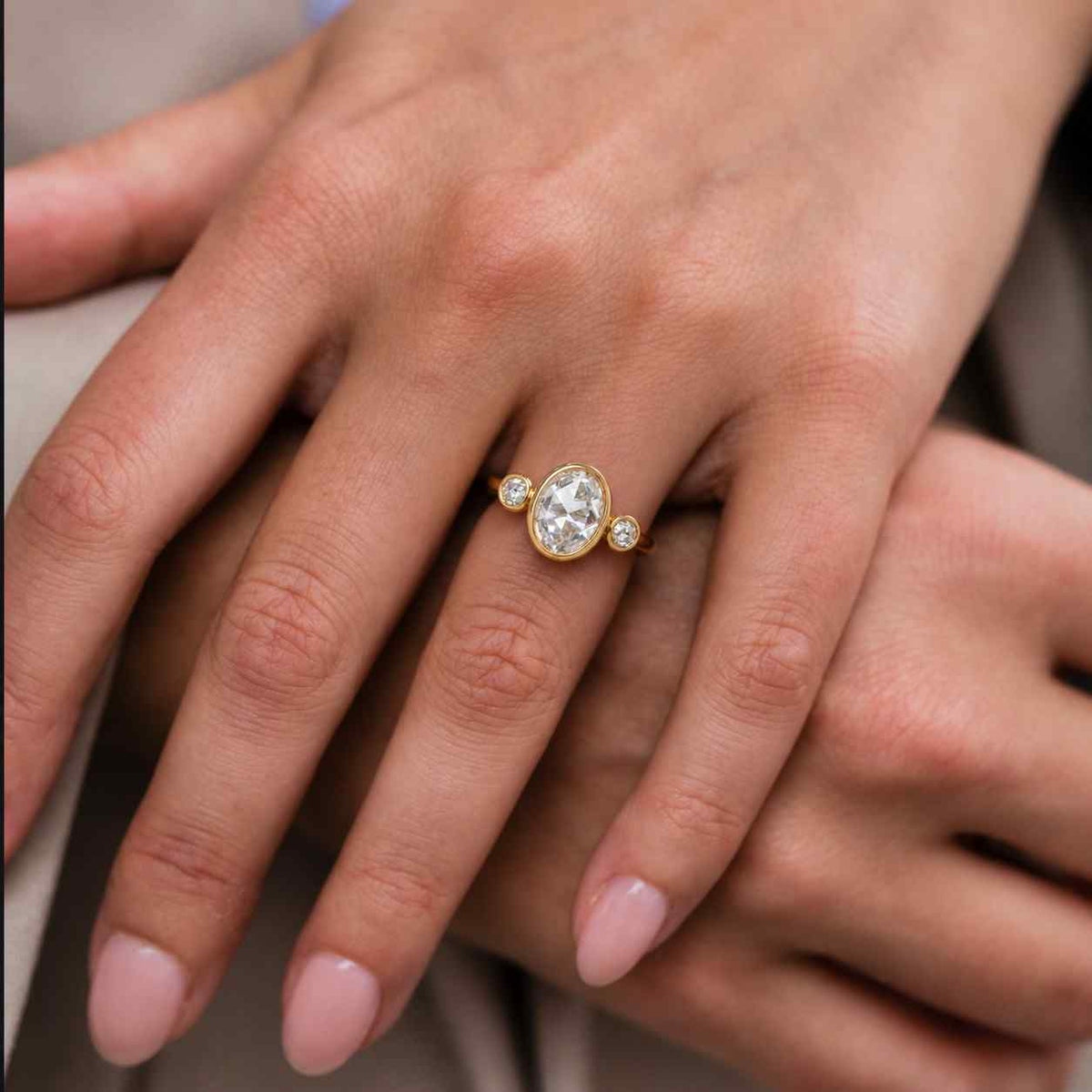 1.8 Carat IGI Certified D/VVS1 Oval Cut Lab Created Three Stone Diamond Engagement Ring, Pear Cut Side Diamonds, 14k Yellow Gold
