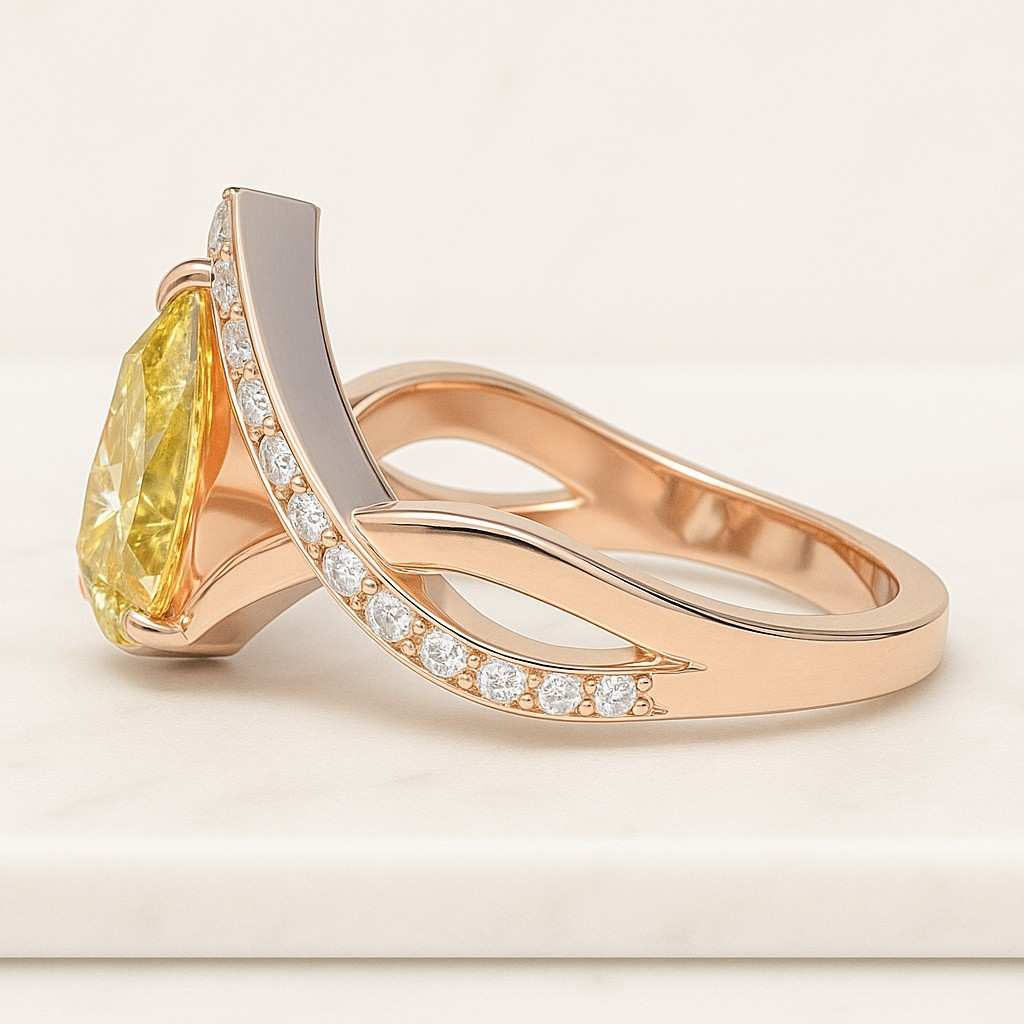 10CT Yellow Pear Cut Moissanite Engagement Ring Luxury Three Stone Wedding Ring Side Heart Cut Gold Statement Ring For Her Anniversary Ring