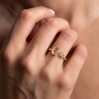 10K/14K Gold Lab Diamond Moon Ring | Unique Celestial Open Band
