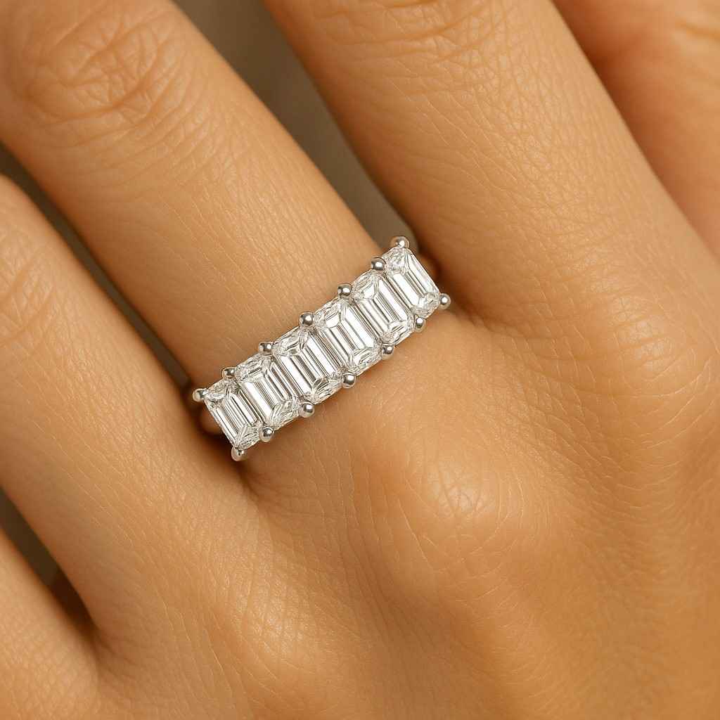 Emerald Cut Moissanite Eternity Band, 14K Yellow Gold Stacking Ring