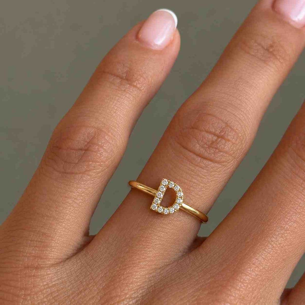 10K Gold Initial D Diamond Ring, Round Cut Lab Diamond Bezel Setting

