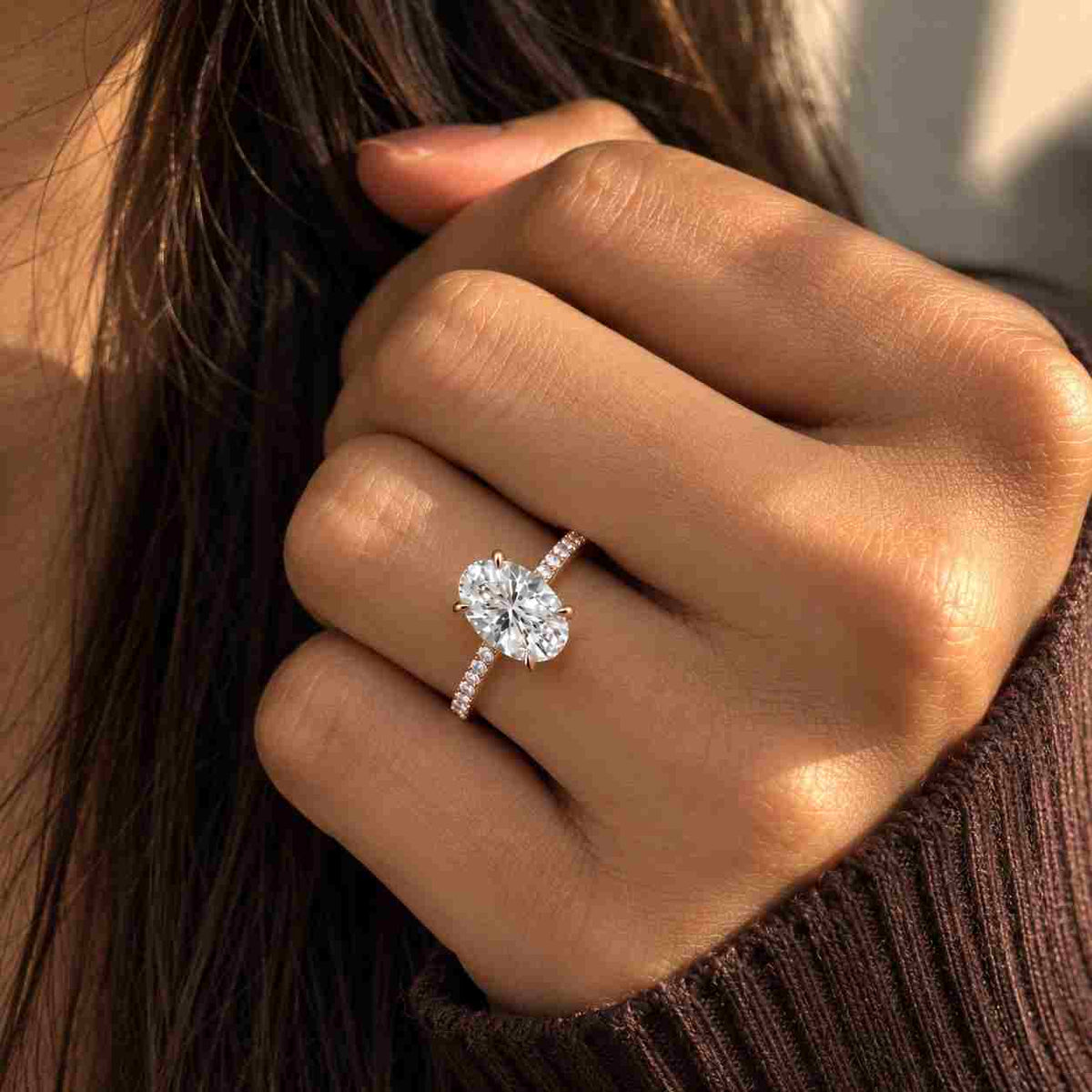 10K Lab Diamond Oval Three Stone Engagement Ring, Kite Side Stones
