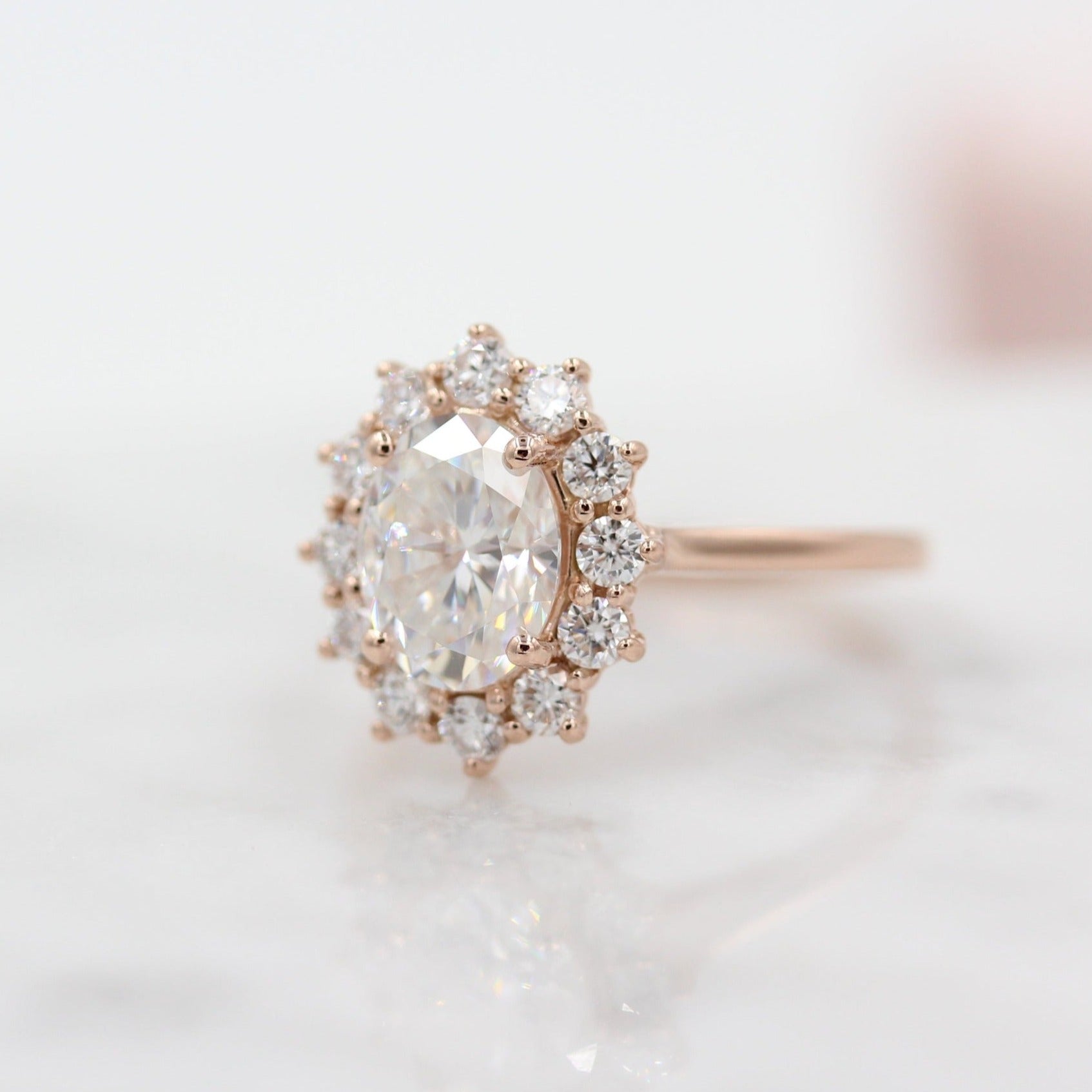 10K Oval Cut Lab Diamond Halo Wedding Ring