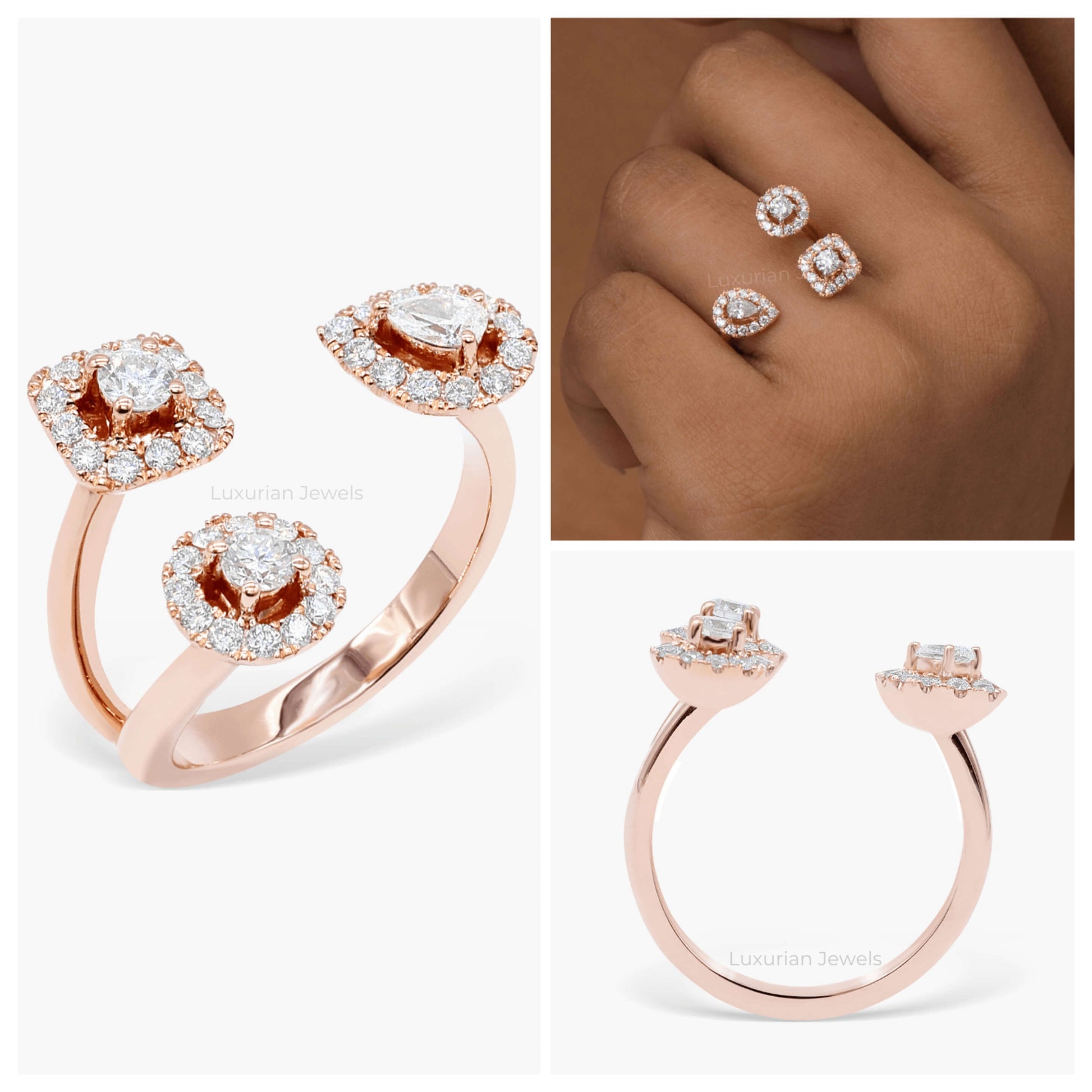10K Solid Gold Round And Pear Band, Lab Diamond Open Stacking Ring