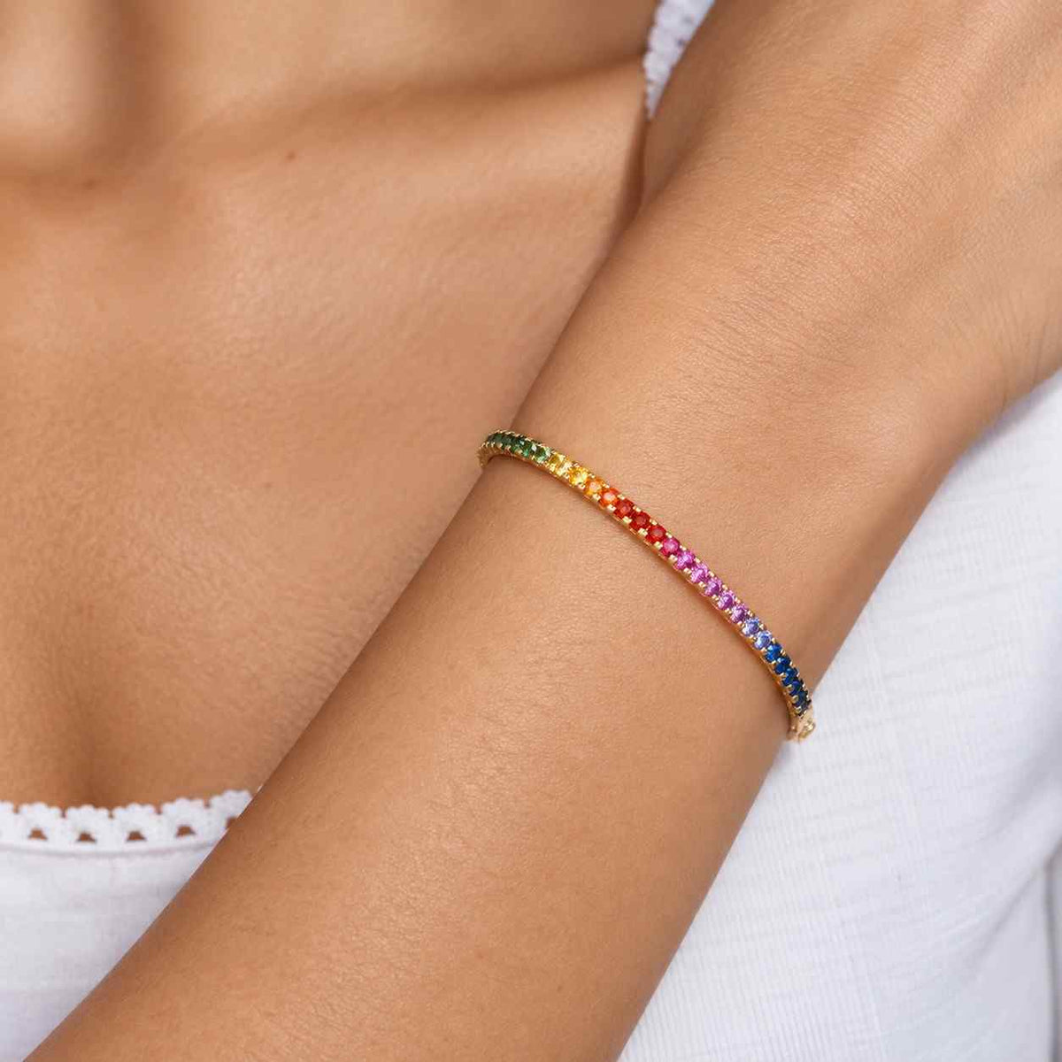 10K Yellow Gold Clover Stone Bracelet, Gold Paperclip Link Bracelet, Gold Multi-Color Bracelet, Dainty Jewelry, Minimalist Jewelry, 7.5"
