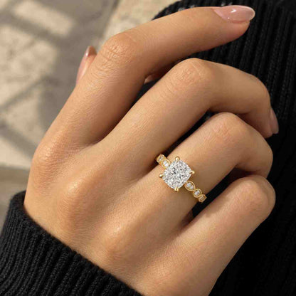 10K Yellow Gold Three Stone Lab Diamond Engagement Ring, Cushion & Trillion Cut
