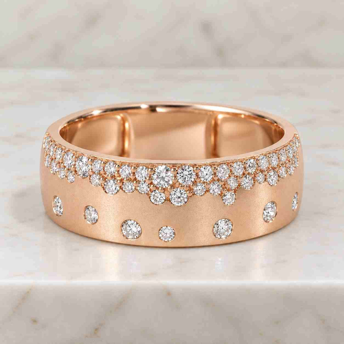10K Yellow Gold Two Side Pave Set Cigar Band, Round Cut Moissanite Eternity Band
