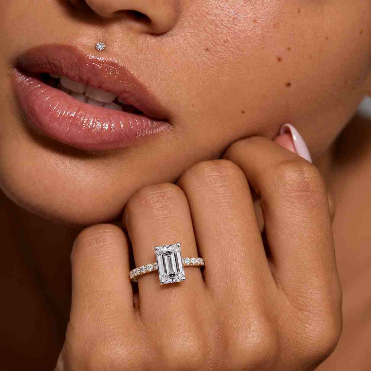 10K Yellow Gold Women's Ring, 9x6 MM Emerald Cut Colorless Moissanite Engagement Ring, Compass Prong Setting With Hidden Halo Diamond Ring
