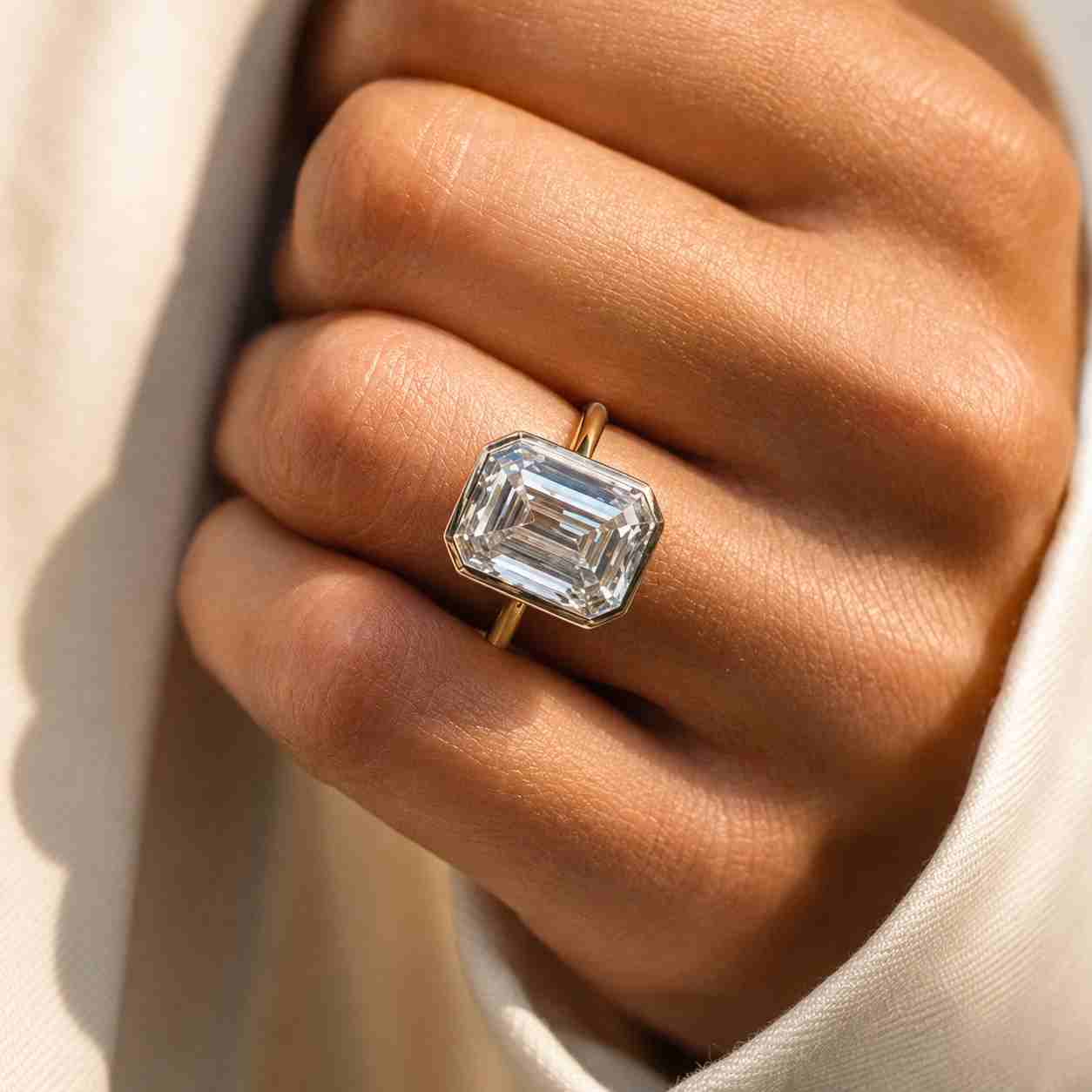 10K bezel set emerald cut lab grown diamond engagement ring