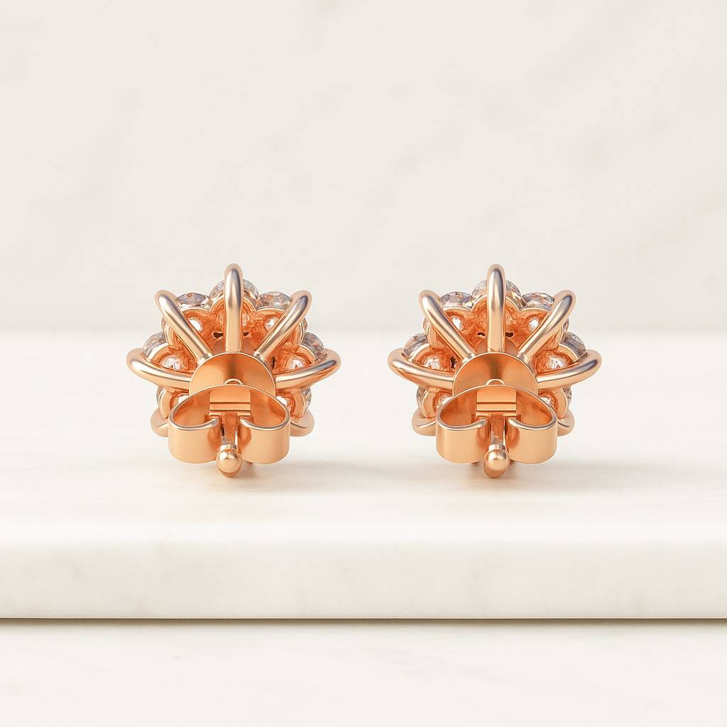 Round Cut Moissanite Stud Earrings in Rose Gold Cluster Floral Design Sparkling Flower Jewelry