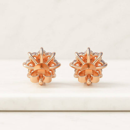 Round Cut Moissanite Stud Earrings in Rose Gold Cluster Floral Design Sparkling Flower Jewelry