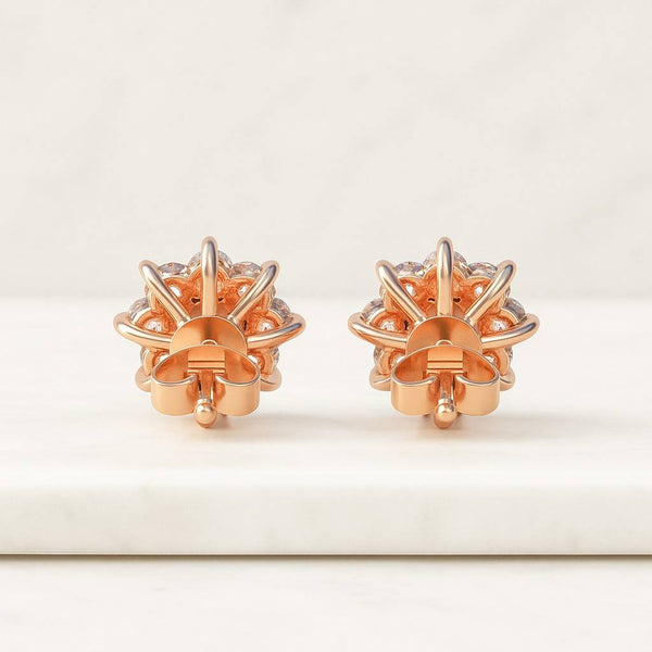Round Cut Moissanite Stud Earrings in Rose Gold Cluster Floral Design Sparkling Flower Jewelry