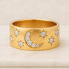 Yellow Gold Diamond Night Sky Cigar Band, Diamonds Stars Wedding Band, Wide Cigar Gold Band, Halloween Jewelry For Women