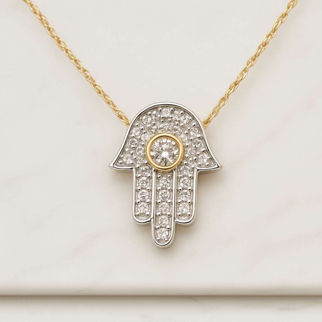 14k Solid Gold Diamond Hamsa Necklace  Diamond Evil Eye Necklace for Women