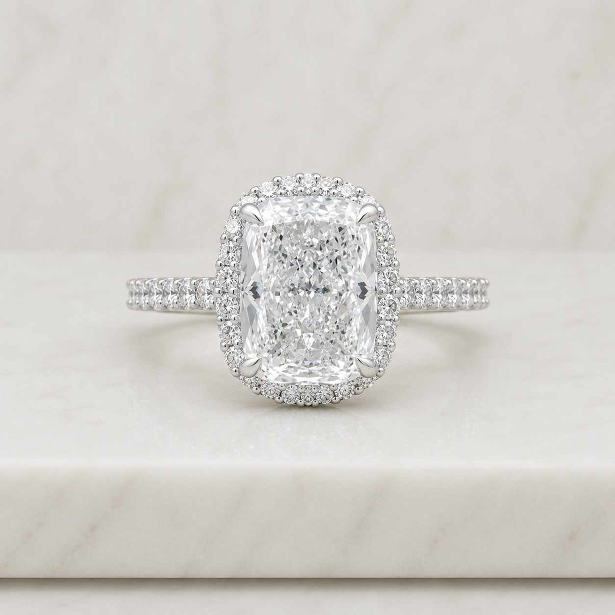 14k white gold radiant cut lab grown diamond halo engagement ring, pavé diamond bridal ring, anniversary gift for her