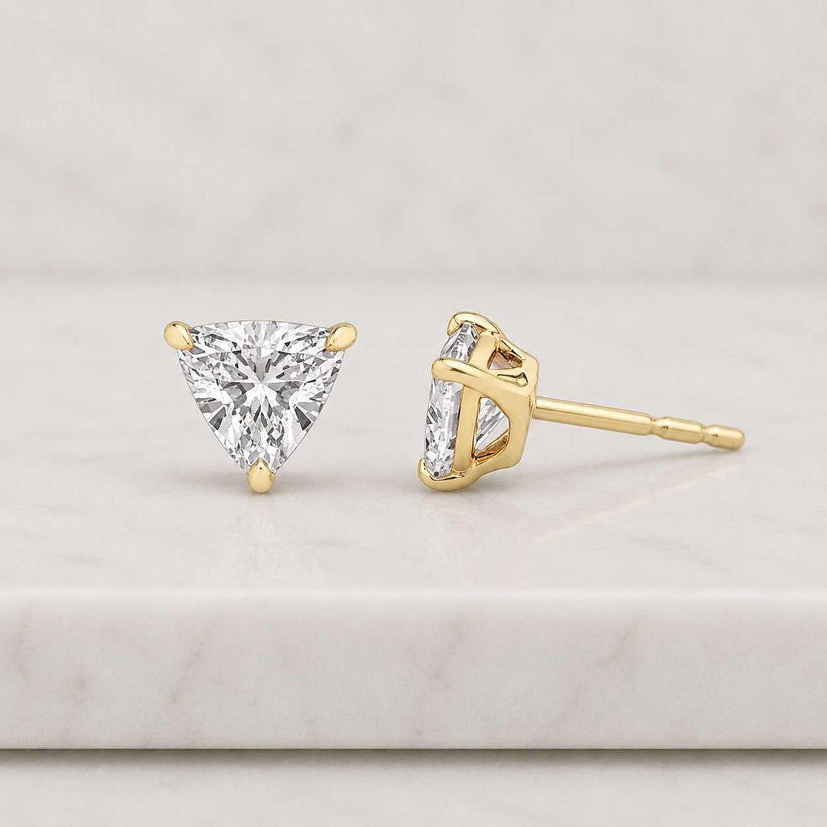 unique trilliant cut diamond stud earrings, minimalist yellow gold triangle studs, solitaire jewelry, 3-prong bridal wedding studs for her
