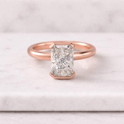 Radiant Cut Lab Diamond Engagement Ring, 18K Yellow Gold Half Bezel Wedding Ring