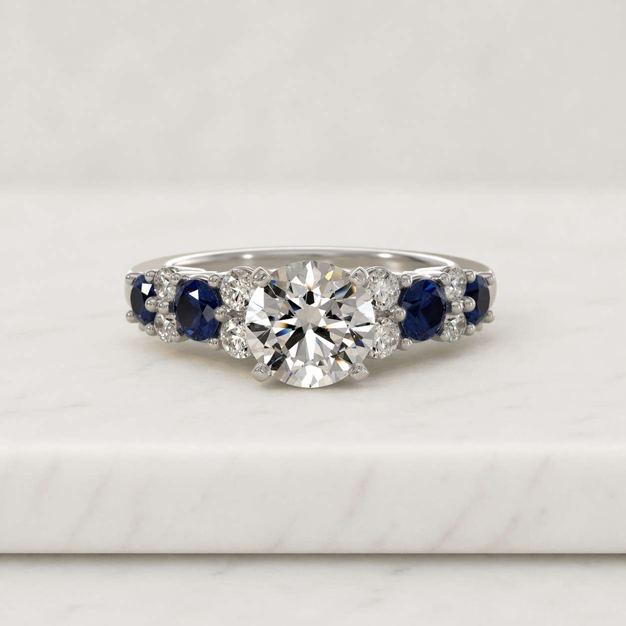 2 ct white round cut diamond with sapphire wedding and engagement ring in 935 argentium silver, moissanite trio vintage wedding party ring
