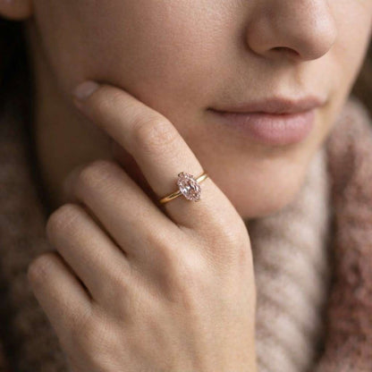 Champagne Step Cut Oval Moissanite Ring, 14K Yellow Gold Half Bezel Set Solitaire Wedding Ring, Stacking Gold Ring for Her, Promise Ring
