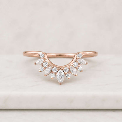 Custom Curved Wedding Band Women Genuine Marquise Lab Grown Diamond Ring Crown Ring for Her Tiara Ring with Engagement Ring Anniversary Gift