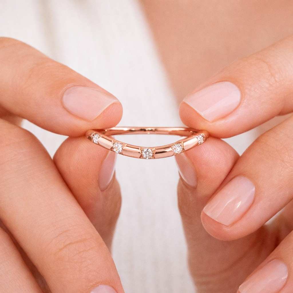 Diamond Wedding Band 14K Rose Gold Minimalist Ring with Bezel Set Diamonds Dainty Stacking Ring for Women Anniversary Gift
