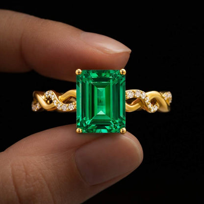 Emerald Cut Green Gemstone Engagement Ring, Twisted Pave Band Ring, IGI Certified Diamond Ring, Yellow Gold Wedding Ring, Bridal Jewelry
