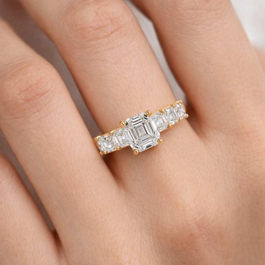 2ct asscher cut moissanite diamond ring, 14kt solid gold baguette accents
