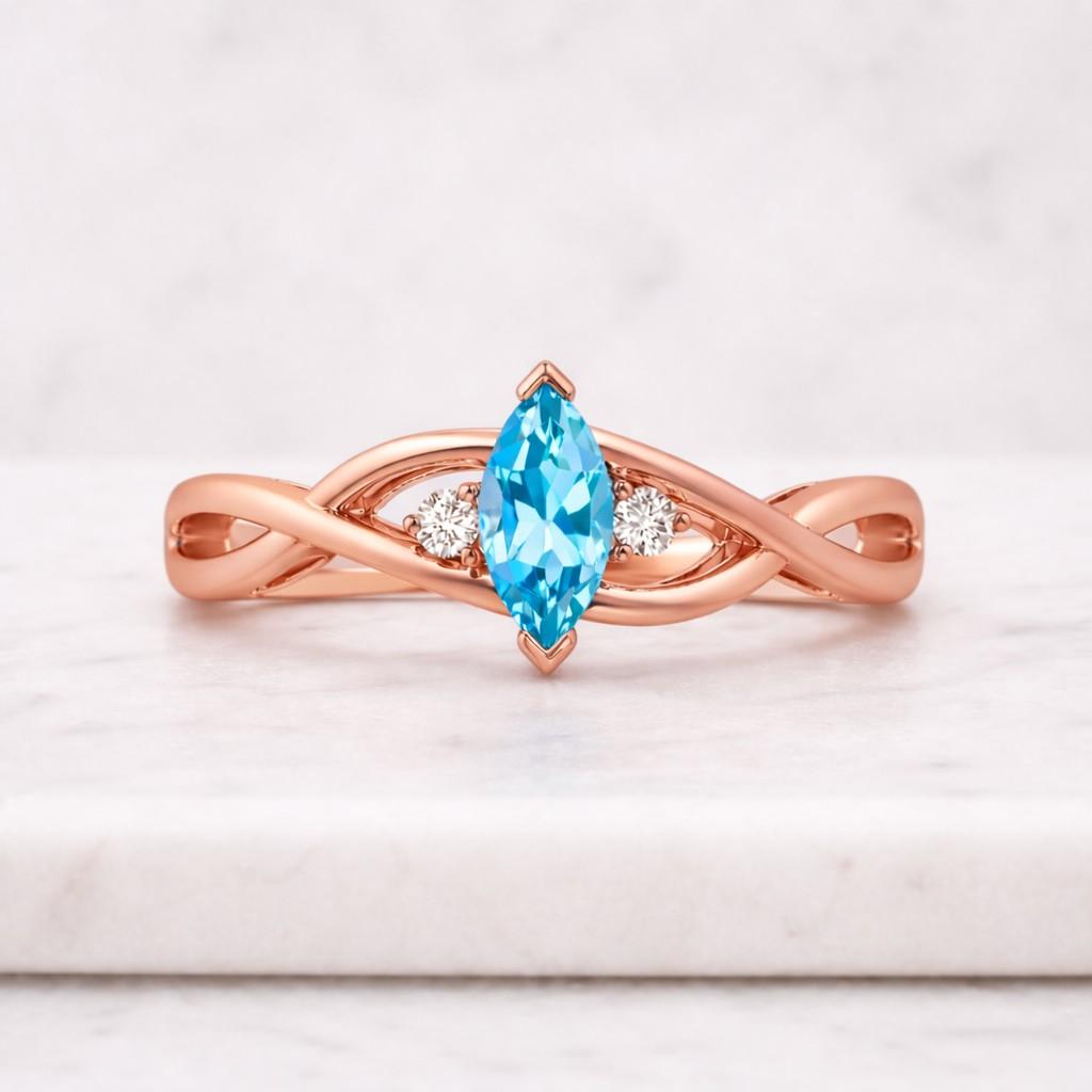 Kite cut Aquamarine engagement ring Vintage Rose gold Moissanite ring Marquise cut diamond art deco 3/4 eternity twisted Bridal Promise ring
