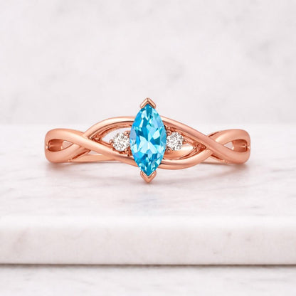 Kite cut Aquamarine engagement ring Vintage Rose gold Moissanite ring Marquise cut diamond art deco 3/4 eternity twisted Bridal Promise ring
