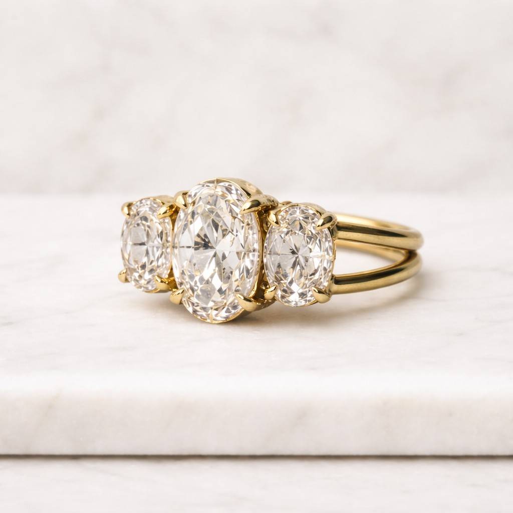 Three Stone Oval Lab Grown Diamond Engagement Ring, Pear Cut Side Diamond Ring, 14K Gold Wedding Ring, Anniversary Gift