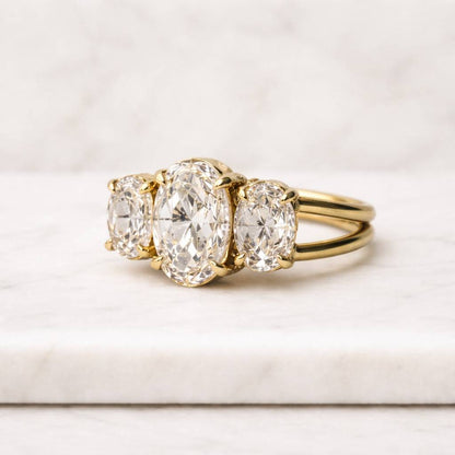 Three Stone Oval Lab Grown Diamond Engagement Ring, Pear Cut Side Diamond Ring, 14K Gold Wedding Ring, Anniversary Gift